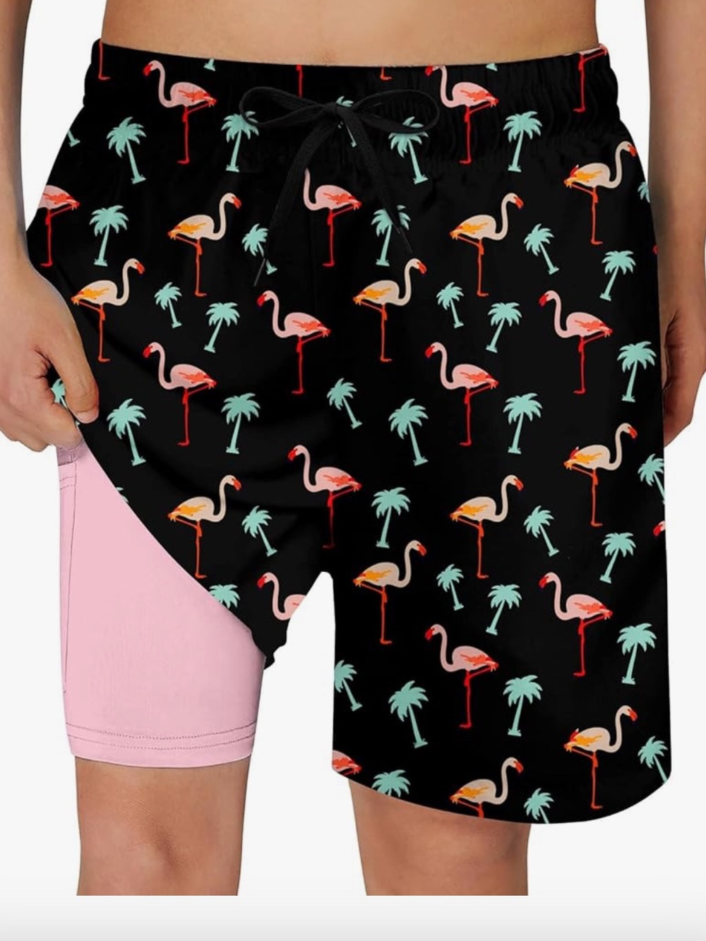 Boy’s Compression Lined Swim Trunks w pocket - Black w Pink Flamingos Size 10/12